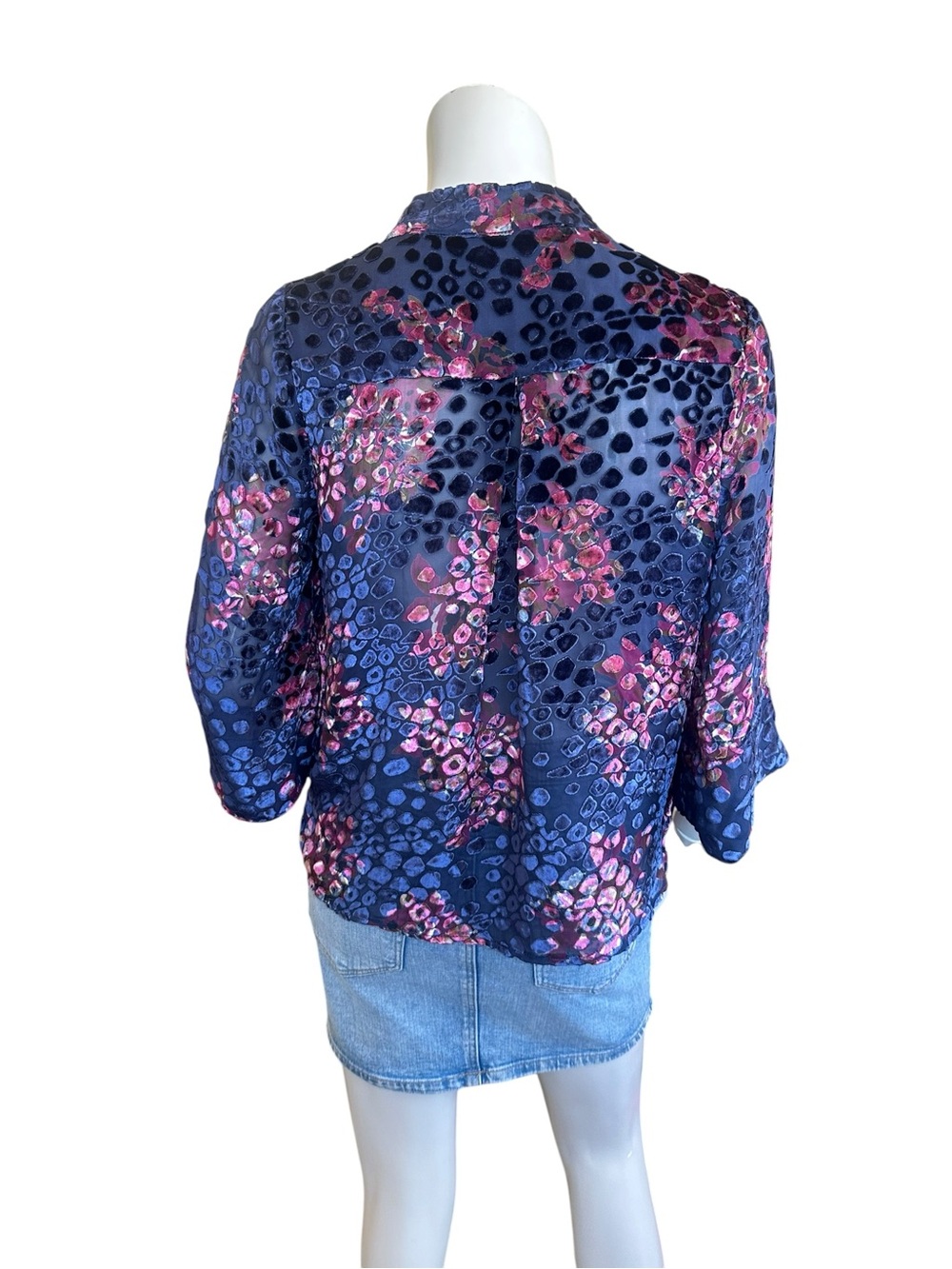 Anthropologie Floreat Navy Blue Pink Floral Leopard Silk Blend Burnout Blouse XS - Picture 4 of 8